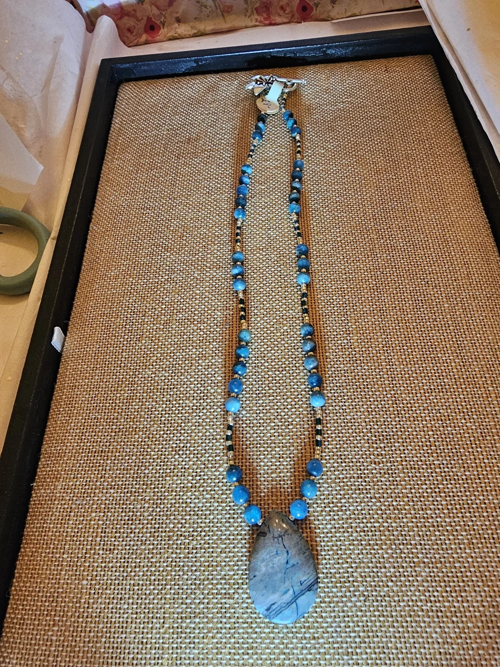 Blue Beaded Necklace with Natural Stone Pendant - Women's Jewelry